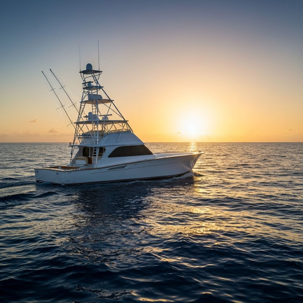 Sport fishing boat at sunrise — hull protection installed